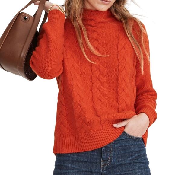 Madewell Grenville Cable Knit Braided Mock Neck Sweater Flame Orange Boxy Small - Picture 1 of 9